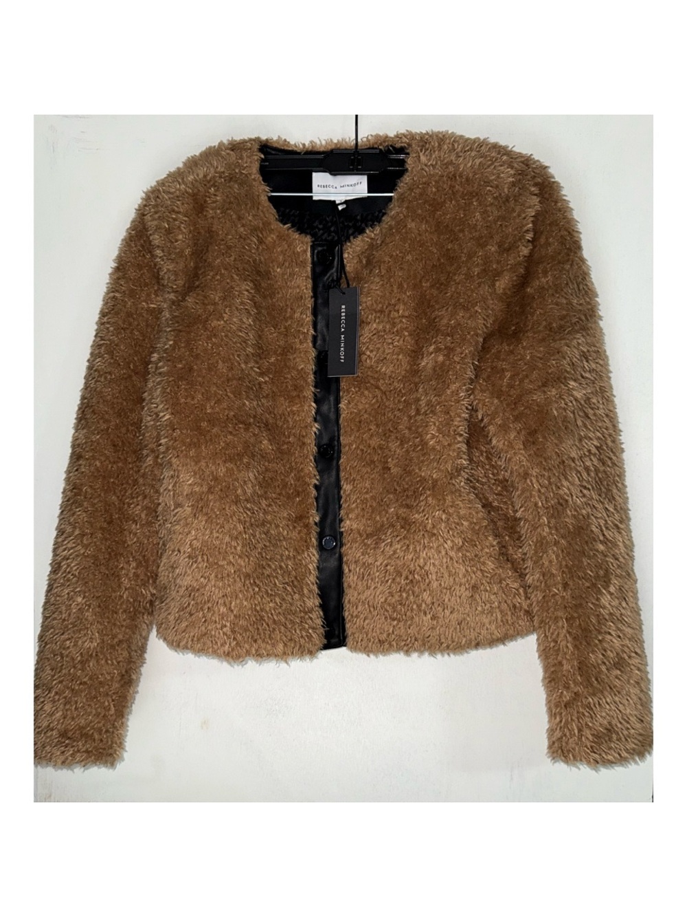 Rebecca Minkoff Wyatt Faux Fur Vegan Leather Trim Brown Black Jacket - Picture 7 of 13